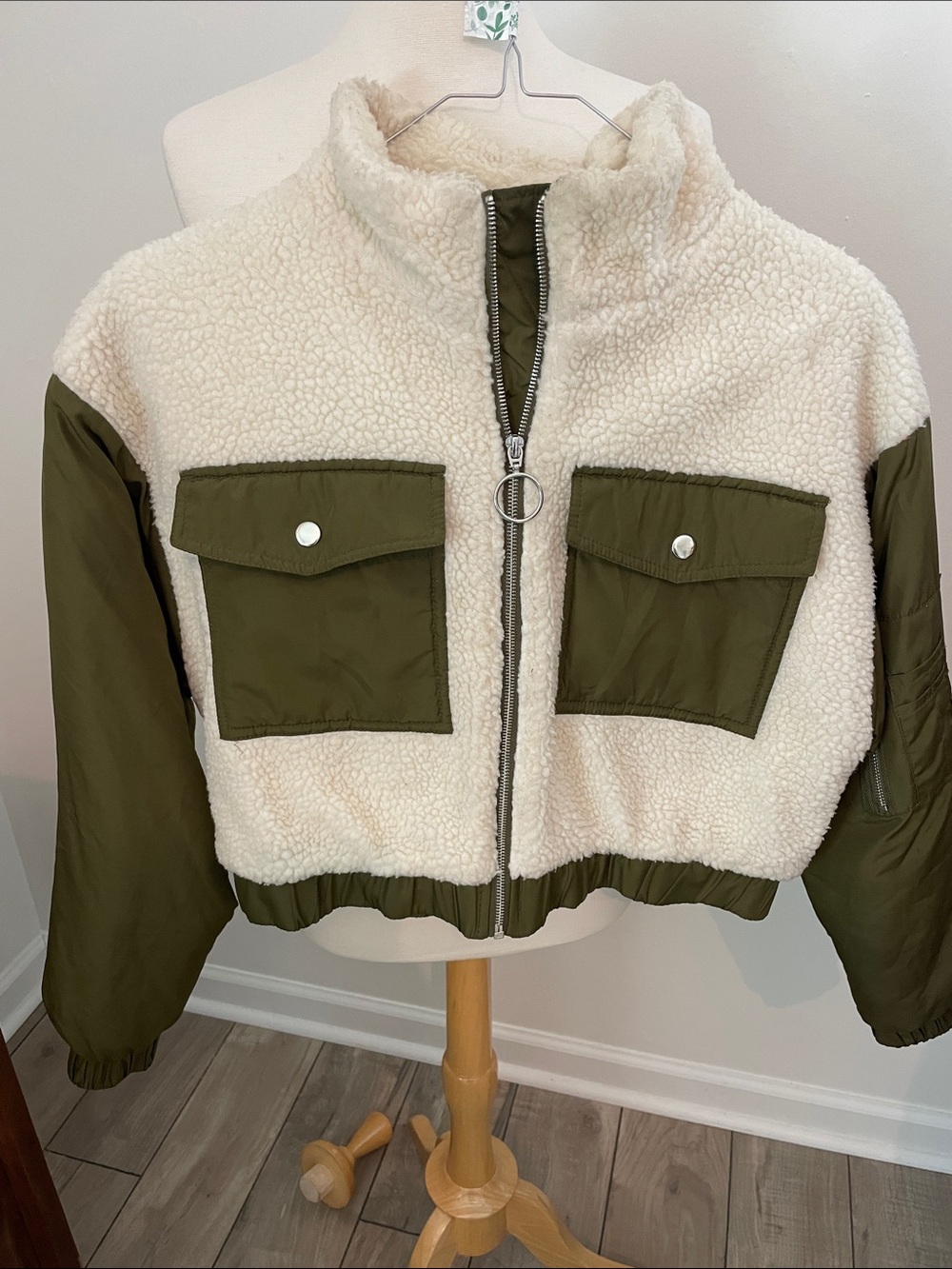 Cropped Cream Sherpa Jacket with Olive Utility Pockets
